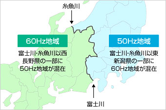 東側50ヘルツ(Hz)西側60ヘルツを示す地図